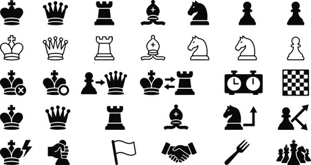 Chess game icons set including pieces board and strategy symbols © Monochrome studio