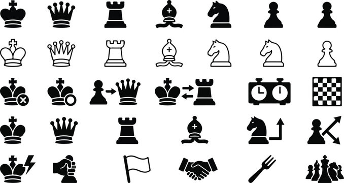 Chess game icons set including pieces board and strategy symbols