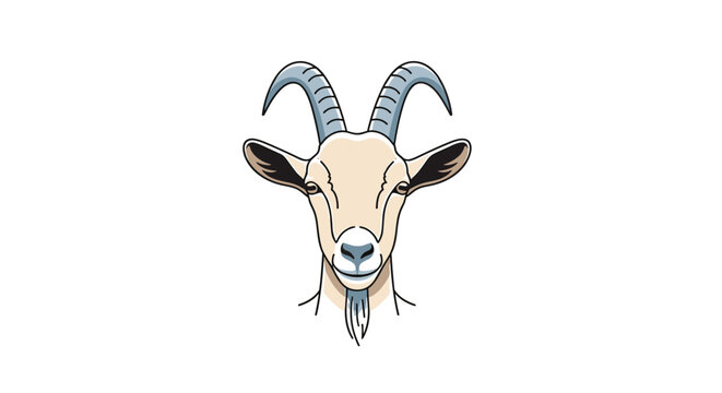 Symmetrical front view illustration of light brown goat head with long curved horns and beard for farming and livestock theme.