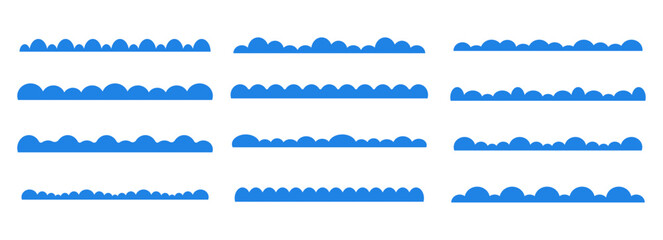 Fluffy cloud border, footer or header design element. Set cloud silhouette curve edge header section, dividers, site separators. Border for banner, frame bottom, template © Alyona