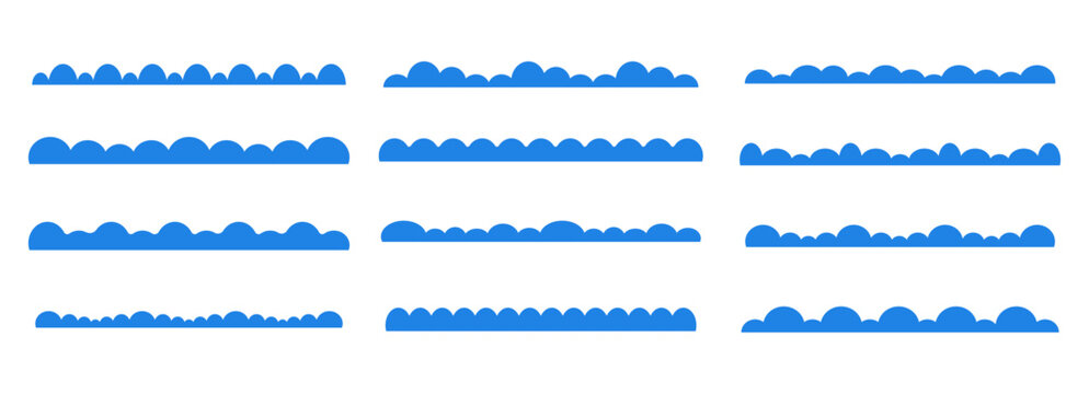 Fluffy cloud border, footer or header design element. Set cloud silhouette curve edge header section, dividers, site separators. Border for banner, frame bottom, template
