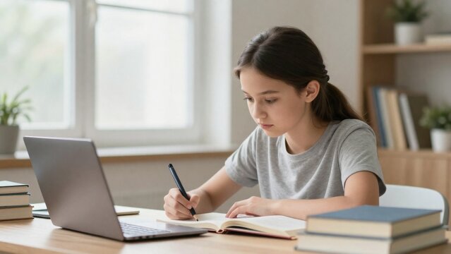 Cute Teen Student Building Academic Success Through Focused Digital Learning