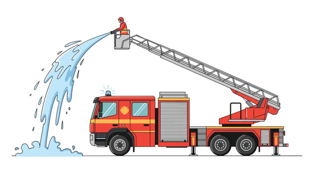 Red fire truck equipped with a long telescopic ladder spraying a large stream of water to extinguish a fire on white background.