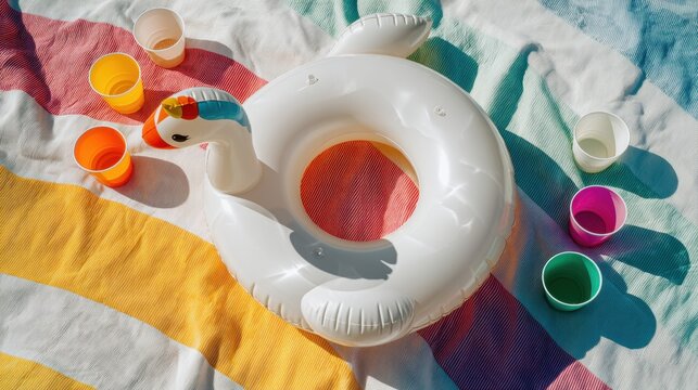 Inflatable unicorn pool float on colorful striped beach blanket with plastic cups. Summer vacation leisure and pool party accessories. Outdoor recreation and fun lifestyle concept.
