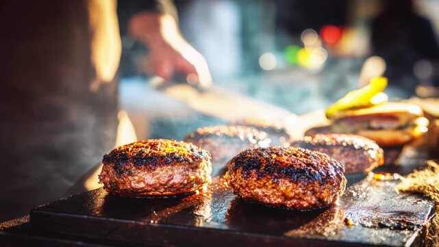 Seared beef burger patties on hot griddle with charred crust and glistening juices, blurred chef and bun with pickles in background grilling street food atmosphere