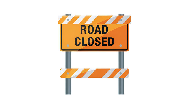Road closed orange construction barrier sign isolated on black background