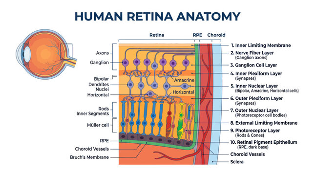 Human retina anatomy diagram showing detailed eye layers