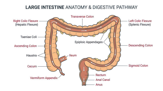 Human large intestine anatomy and digestive pathway diagram