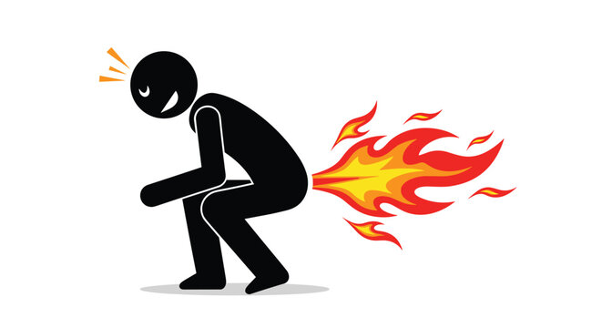 Humorous stick figure illustration of a person experiencing intense flatulence depicted by flames coming from their backside.