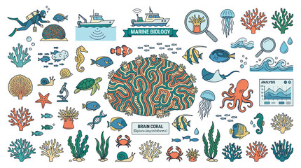 Marine biology icons and sea creatures for ocean science © caos