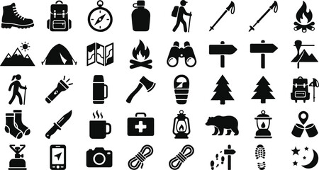 Obraz premium Outdoor adventure hiking and camping equipment icon set
