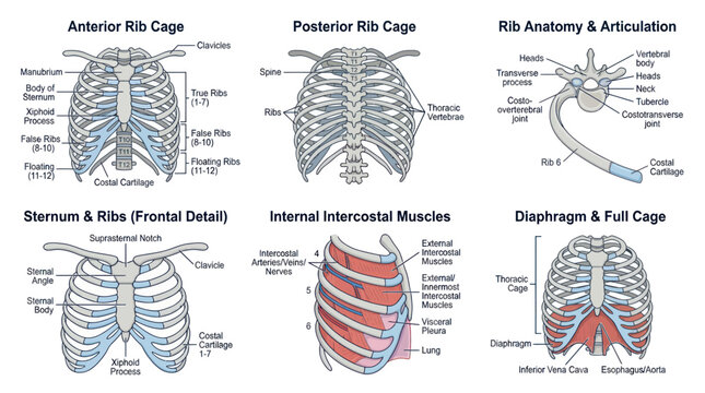 Human rib cage anatomy set with labeled skeletal and muscular parts