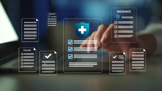 Digital insurance policies and compliance documents. Risk management data security policy protection, regulatory compliance and insurance technology concept.