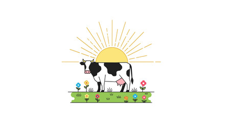 Fototapeta premium Spotted cow standing in a grassy field with various colorful flowers and a large yellow sun with rays in a simple vector art style.