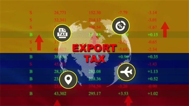 Export Tax Graphic: A conceptual graphic illustrating export tax, featuring a globe overlaid with icons representing trade, travel, and location.