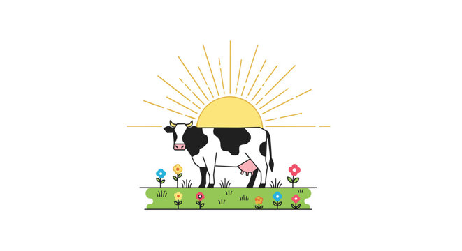 Spotted cow standing in a grassy field with various colorful flowers and a large yellow sun with rays in a simple vector art style.