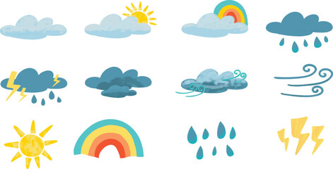 Obraz premium Cute Colorful Weather Icon Set with Cloud Sun Rain Rainbow Thunder Lightning Wind Storm Raindrop Breeze Cartoon Hand Drawn Collection Bundle