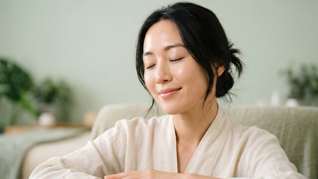Close up of a beautiful Korean woman smiling with eyes closed in a luxury organic wellness spa