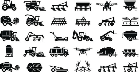Obraz premium Agricultural machinery and farm equipment icon set