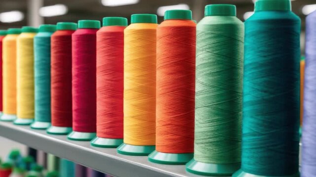 Colorful spools of thread in a row on shelf for sewing craft textile project with bright vibrant orange red purple green yellow pastel tones