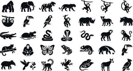 Tropical jungle wildlife silhouette icons for zoo and nature design © Monochrome studio