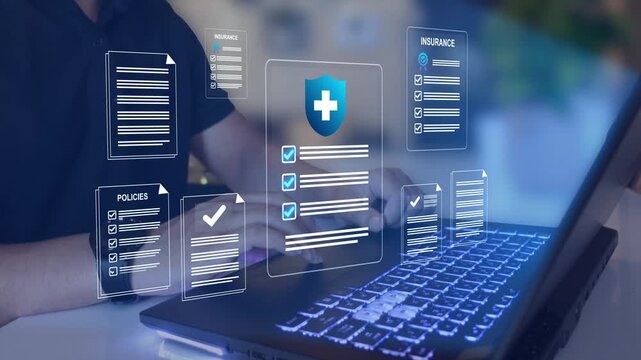 Digital insurance policies and compliance documents. Risk management data security policy protection, regulatory compliance and insurance technology concept.