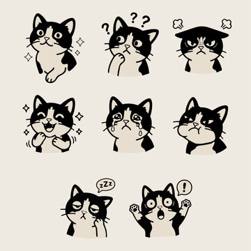 Cute tuxedo cat cartoon stickers with different emotions vector set