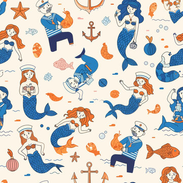 a cute seamless nautical pattern with playful mermaids mermen and sailors alongside sea creatures ideal for textile design and kids themes.