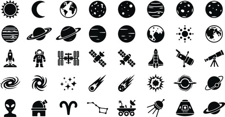 Astronomy and space exploration icon collection with planets and rockets © Monochrome studio