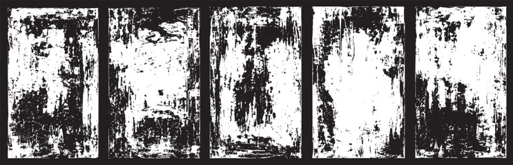 Fototapeta premium Set of five grunge distressed frames, black and white textured borders for photo overlays, vector illustration of weathered rectangular edges