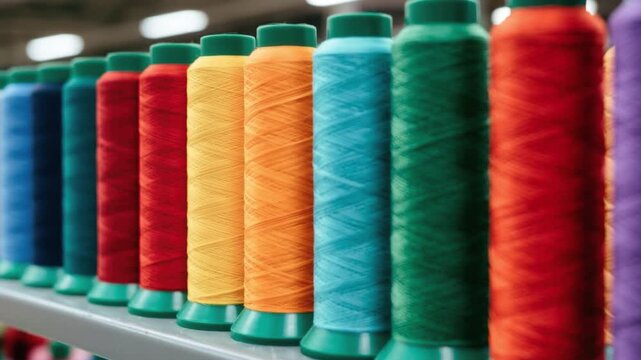 Colorful thread spools arranged in a row on a shelf showcasing vibrant shades of blue red orange green purple and pink for sewing and textile crafts