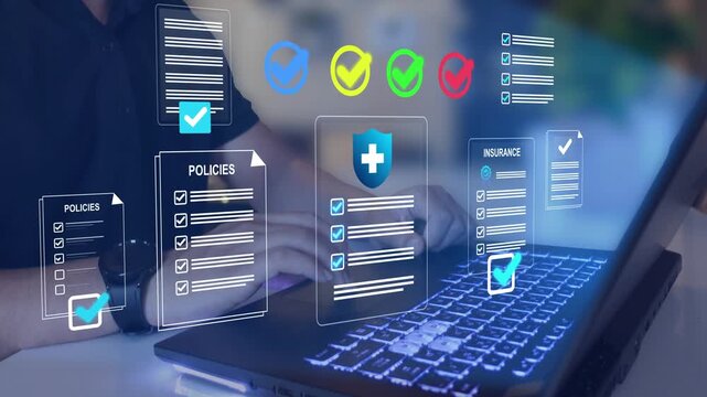 Digital insurance policies and compliance documents. Risk management data security policy protection, regulatory compliance and insurance technology concept.
