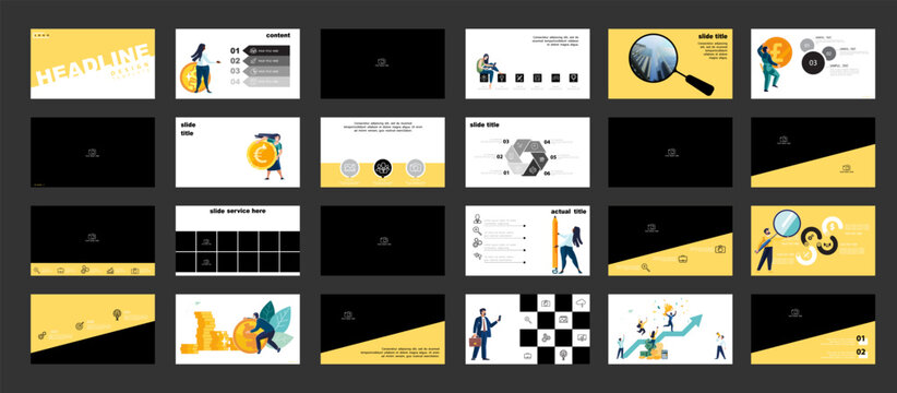 Business presentation, gold dollar coins, annual report. Set, powerpoint. Infographics design yellow black elements Team of people analyze monetary and financial circulation, photo Vector illustration
