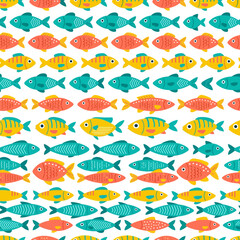Obraz premium colorful fish pattern seamless marine life design featuring vibrant aquatic animals on a white background perfect for childrens fabric.