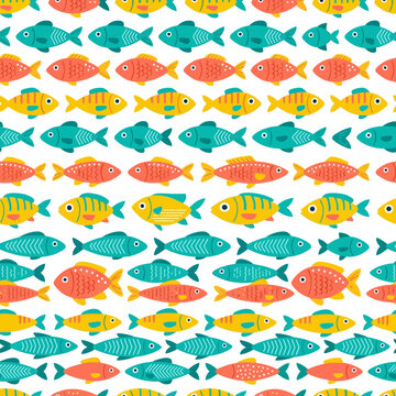 colorful fish pattern seamless marine life design featuring vibrant aquatic animals on a white background perfect for childrens fabric.