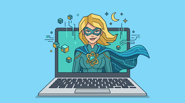 female superhero embodying science and technology emerges from laptop representing innovation and digital power.