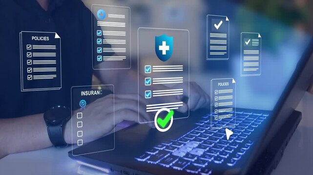 Digital insurance policies and compliance documents. Risk management data security policy protection, regulatory compliance and insurance technology concept.