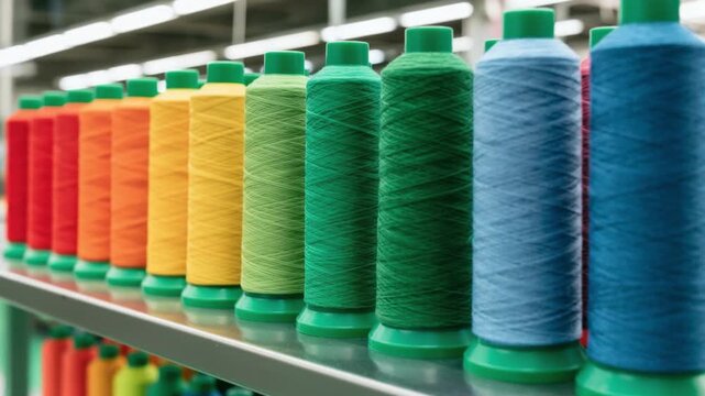 Colorful thread cones arranged in a row on industrial sewing machine shelf showcasing vibrant orange yellow green blue and purple textile manufacturing spools