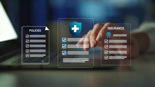 Digital insurance policies and compliance documents. Risk management data security policy protection, regulatory compliance and insurance technology concept.