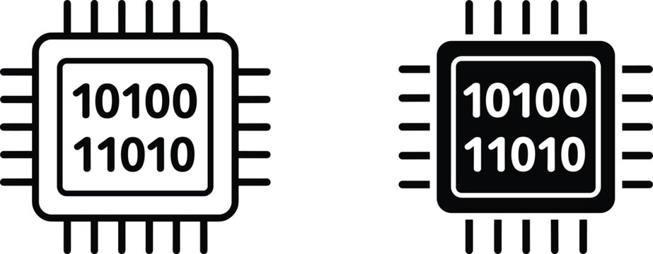 Microchip Processor Icon Set with Binary Code Display for Artificial Intelligence, Computing, Electronics, and Digital Technology Designs