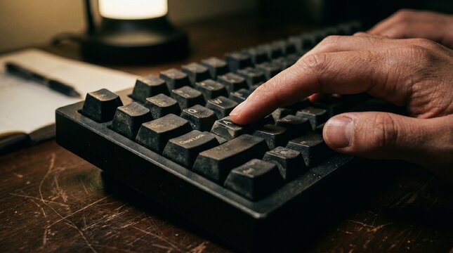 Macro shot of a finger typing on a dusty retro old-school mechanical keyboard