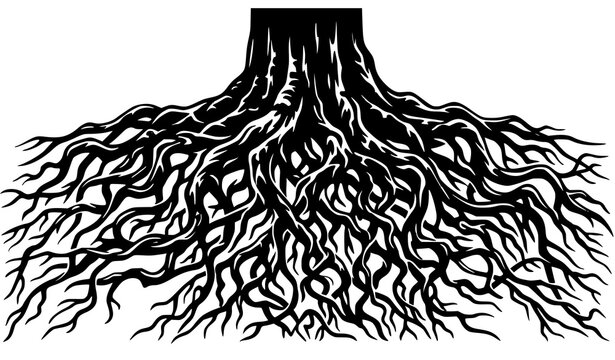 Ancient tree roots silhouette vector graphic showing detailed gnarled old stump and massive exposed botanical root system