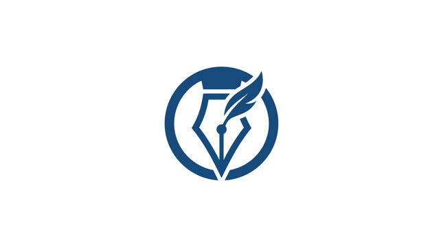 Blue feather quill pen logo symbol.
