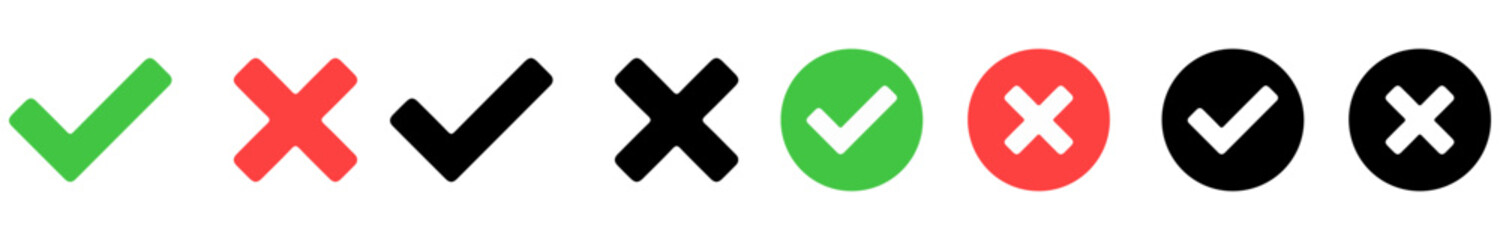 Right and wrong buttons and yes or no checkmark icons in green tick box and red cross. Check mark icon set. Editable stroke.  © Newton