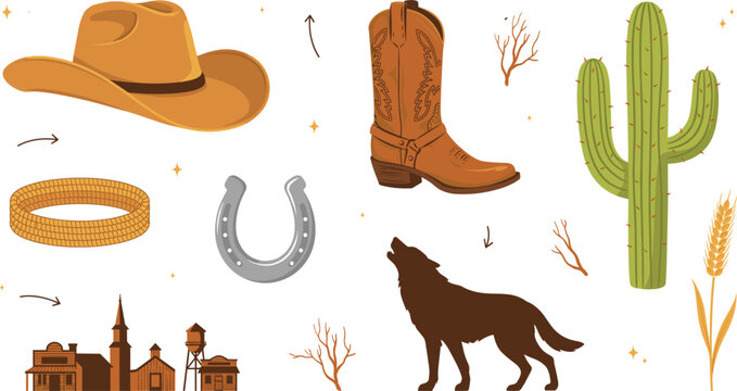 Wild West Cowboy Elements Vector Icon Set with Leather Boot Hat Cactus Horseshoe Howling Wolf and Western Town Silhouette for Retro Graphic Designs