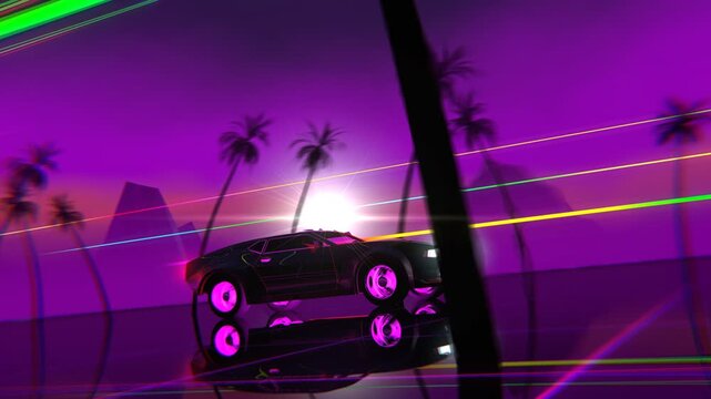 80s Retro Futuristic Synthwave Car Seamless Loop &ndash; Neon Retrowave Background with Palm Trees, Purple Sunset & Laser Grid | 3D Animation FHD