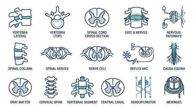 Medical icons of human spinal anatomy and nervous system structures