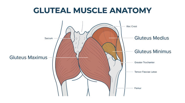 Human gluteal muscle anatomy diagram with bone structure labels