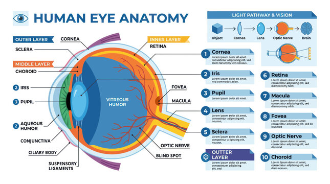 Medical infographic of human eye anatomy with layers and light pathway