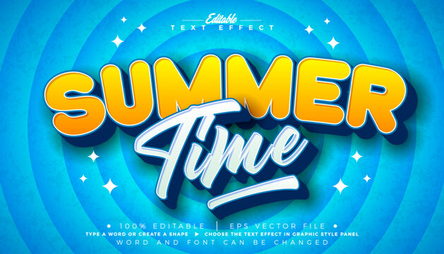 Summer Time Editable Text Effect Design Vector Graphic Style with Cartoon Style Typography Lettering on Retro Comic Movie Background. Premium Vacation Holiday Illustration Template for Banner